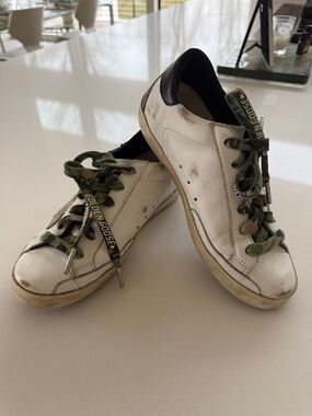 Golden Goose White Leather Sneakers with Green Camo Laces and Black Heel